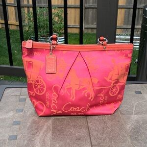 Coach Sateen Pink and Orange Carriage Horse Shoulder Tote